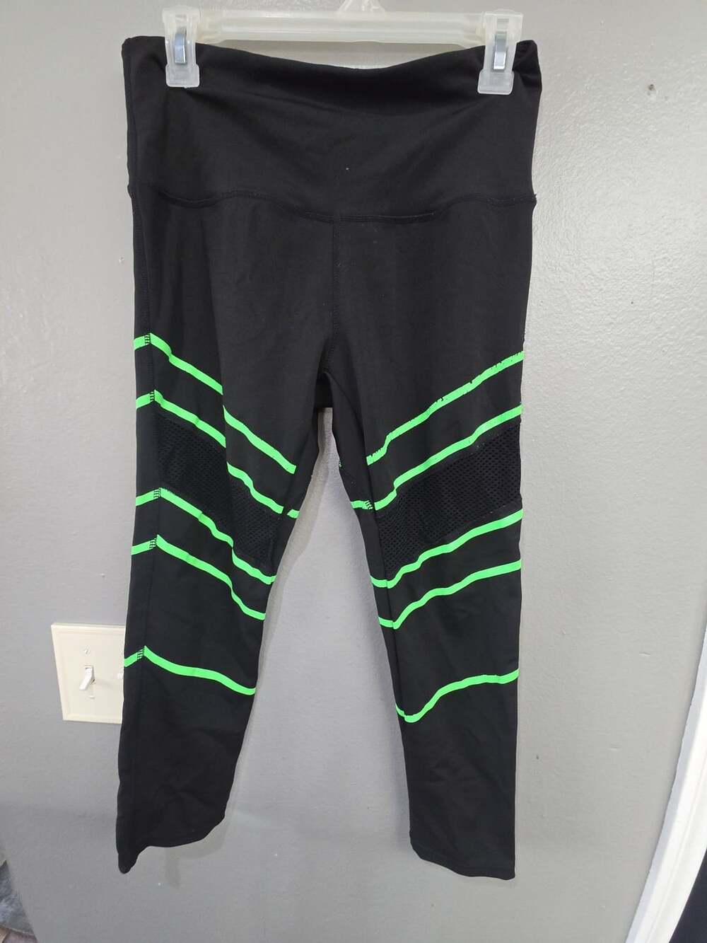 BSP Better Sports Performance Leggings Size L Black Neon Green Mesh